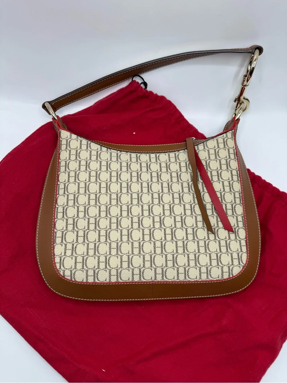 Carolina Herrera CH Signature Hobo Bag in Cream, Tan & Red
